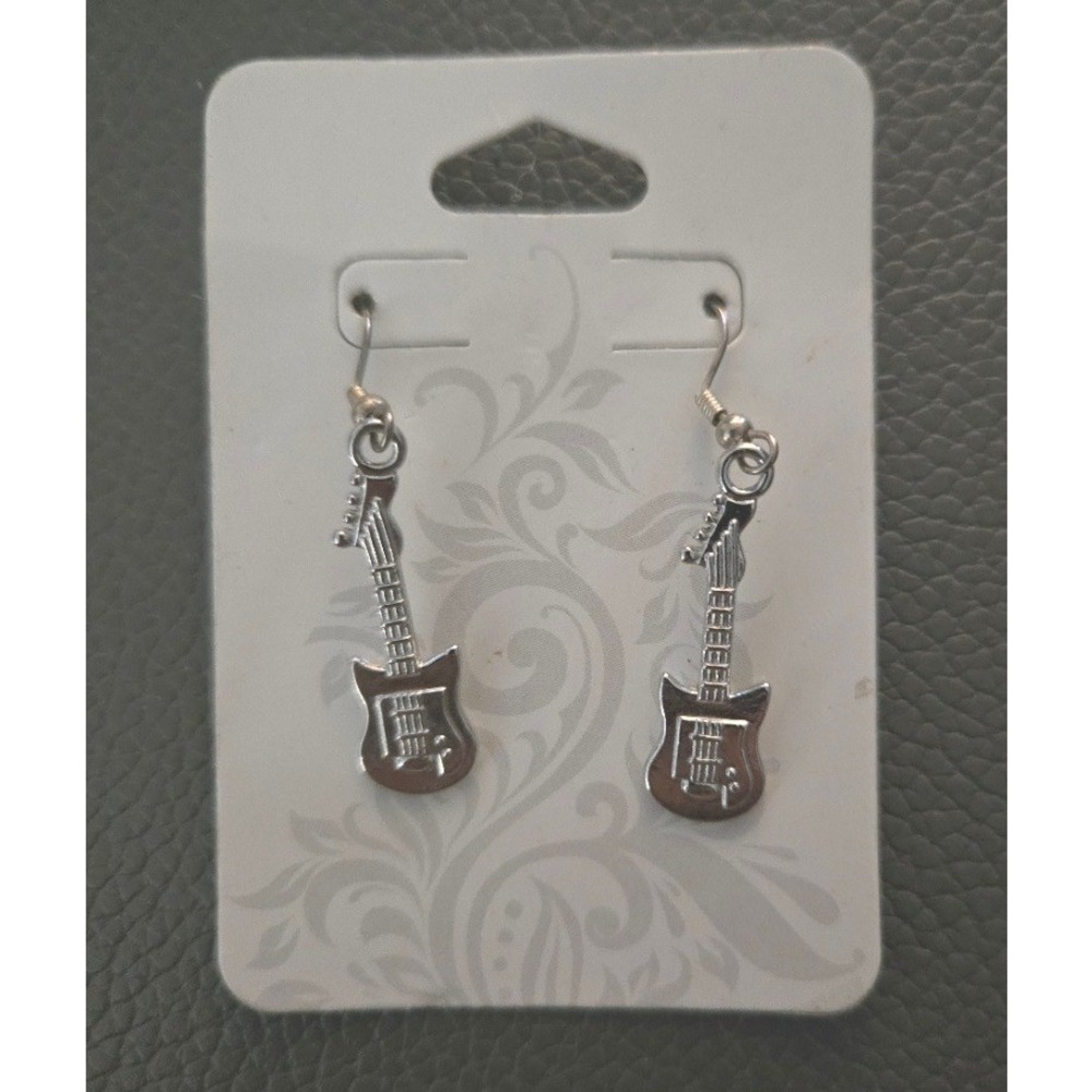 New Silver Tone‎ Electric Guitar Dangle Earrings 1.5" Musical Instrument Jewelry
